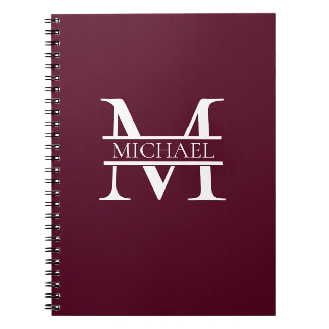 Personlig Elegant Burgundy Monogram och Namn Anteckningsbok (Framsidan)