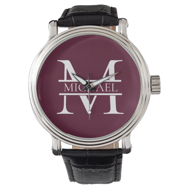 Personlig Elegant Burgundy Monogram och Namn Armbandsur (Framsida)