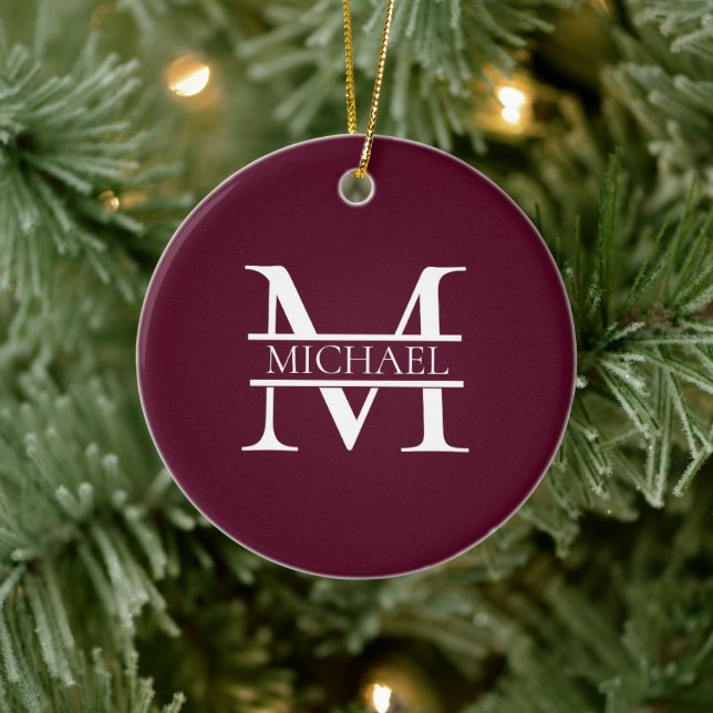 Personlig Elegant Burgundy Monogram och Namn Julgransprydnad Keramik (Träd)