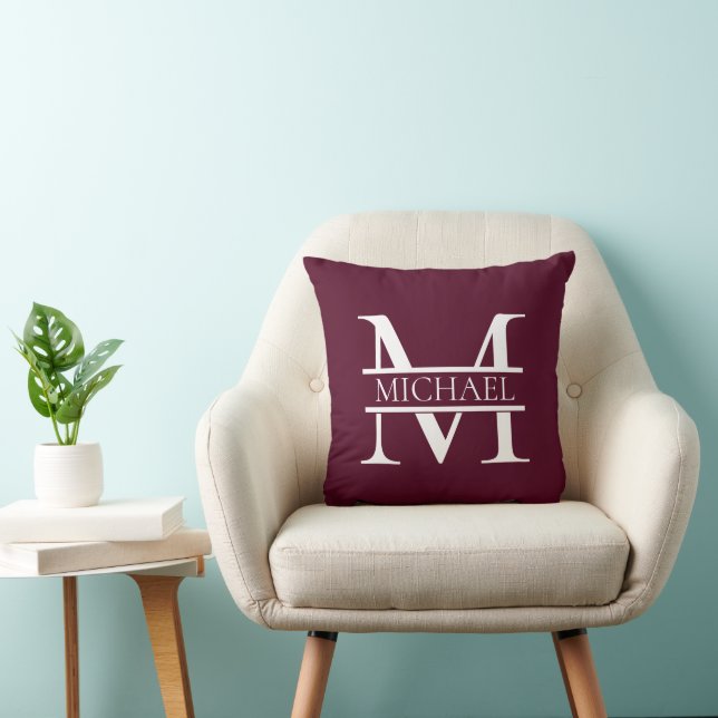 Personlig Elegant Burgundy Monogram och Namn Kudde (Stol)