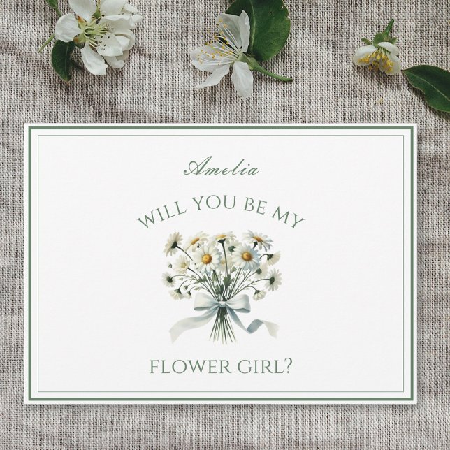 Personlig Elegant Chic Daisy Bow Flower Girl Kort (Pop the question to your flower girl with this charming daisy card, personalized with her name.)
