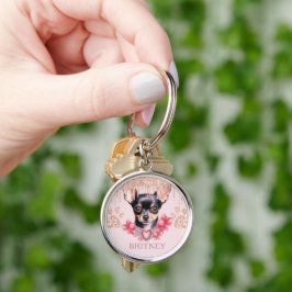 Personlig Elegant chihuahua Hund med Glitter Rund Silverfärgad Nyckelring