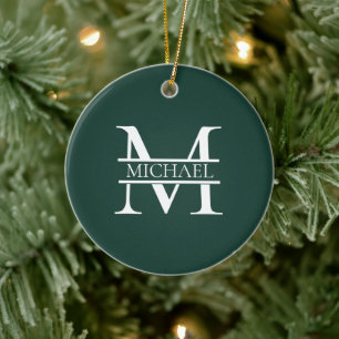 Personlig Elegant Emerald Grönt Monogram & Namn Julgransprydnad Keramik