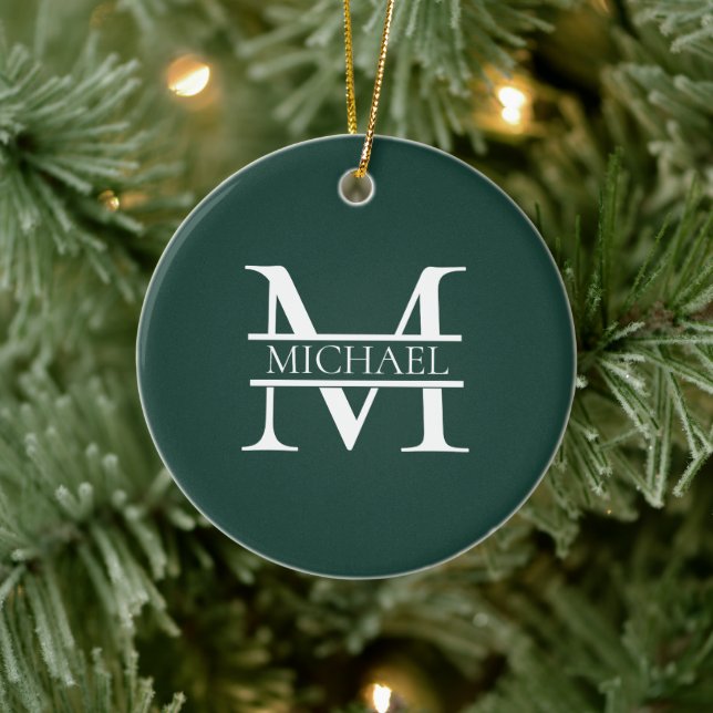 Personlig Elegant Emerald Grönt Monogram & Namn Julgransprydnad Keramik (Träd)