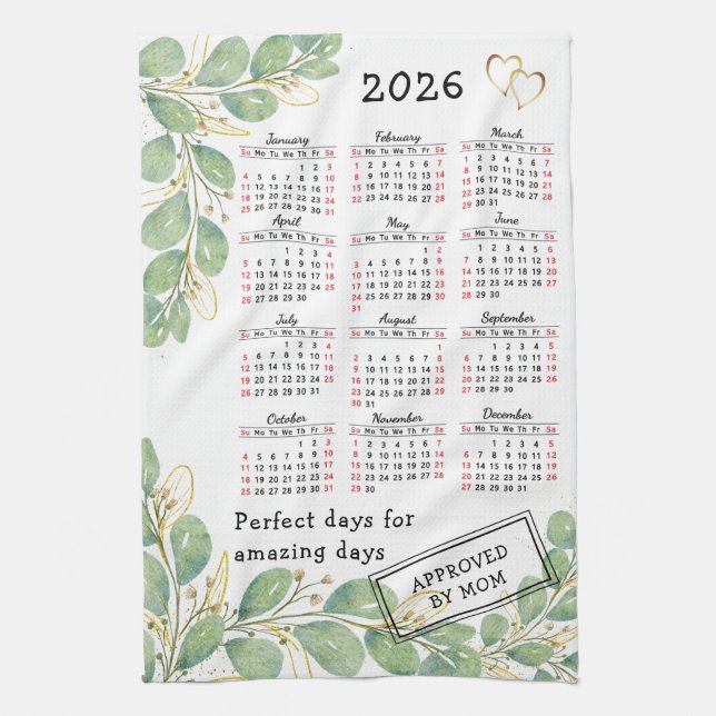 Personlig Elegant Eucalyptus 2026 Kalender Kökshandduk (Vertikal)