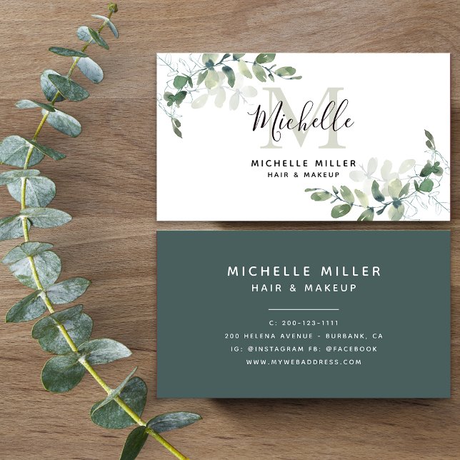 Personlig Elegant Eucalyptus Monogram Visitkort (Skapare uppladdad)