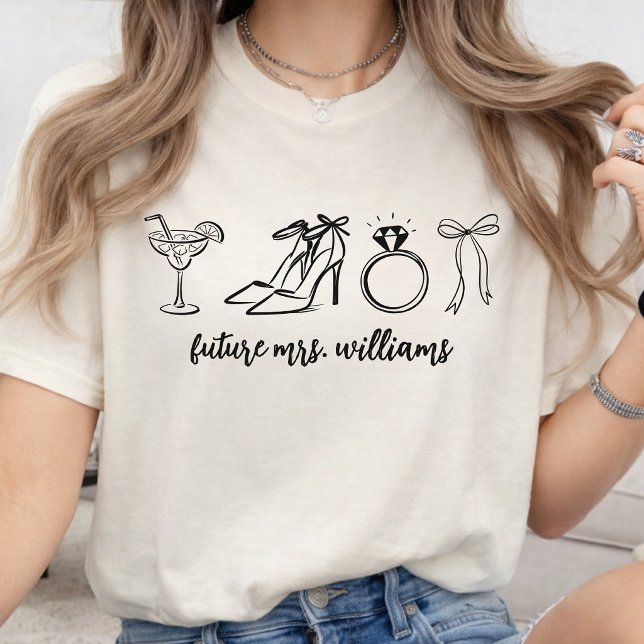Personlig Elegant Framtida Fru Namn Bröllopsduschp T Shirt (custom bride to be, engagement gift her, gift for fiancée, bachelorette party shirt, bridal shower)