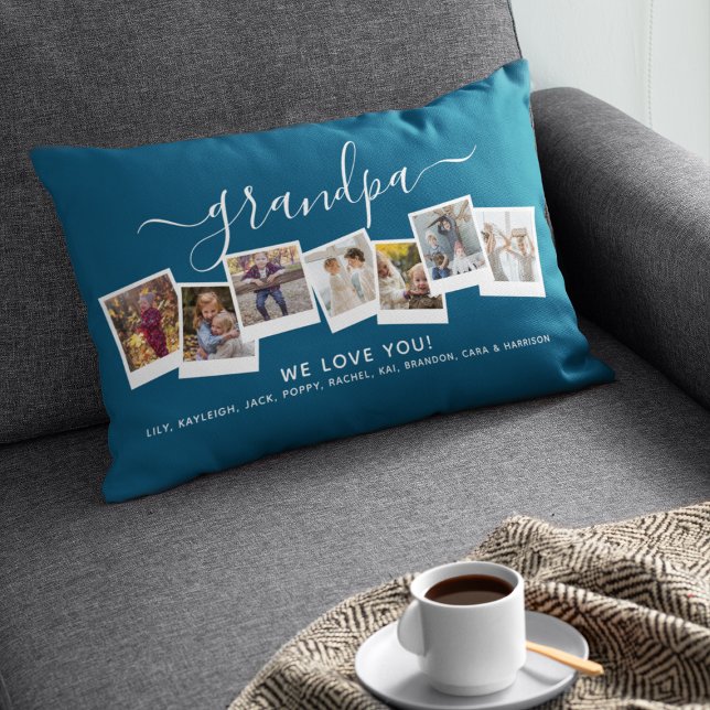 Personlig Elegant Grandpa Photo Collage Blue Lumbarkudde (Skapare uppladdad)