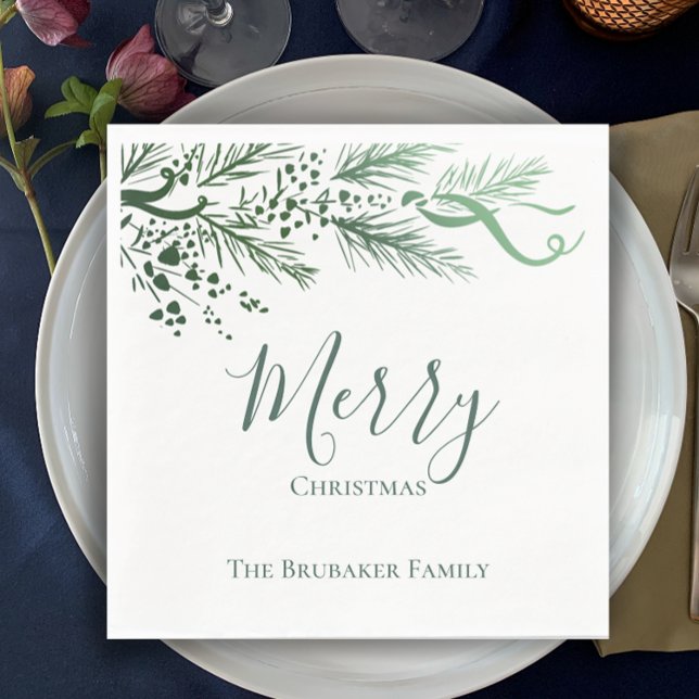 Personlig Elegant Gräs jul Hand plockade Pappersservett (Add your name to personalize these hand drawn pine gradient botanical Christmas dinner napkins.
)