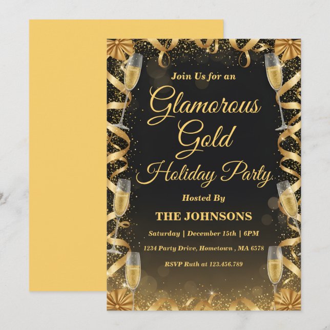 Personlig Elegant Guld Julfest Inbjudningar (Fram/baksida)