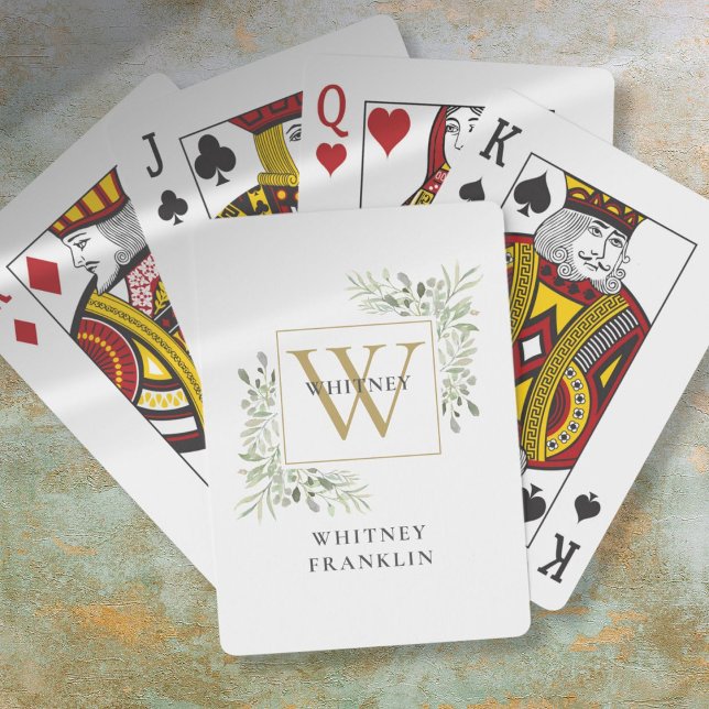 Personlig Elegant Guld Monogram Grönska Casinokort (Personalized Elegant Gold Monogram Greenery Poker Cards)