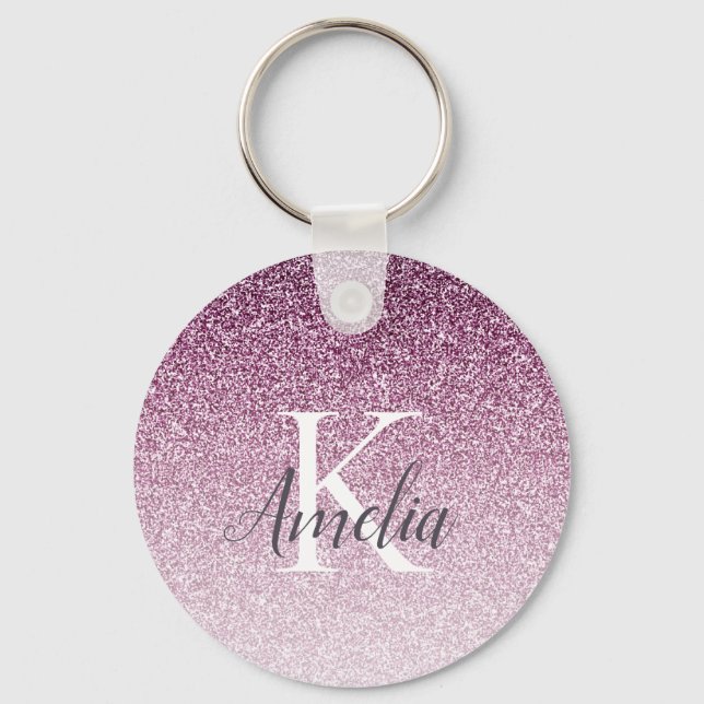 Personlig Elegant Lila Glitter Monogram Namn Nyckelring (Framsida)