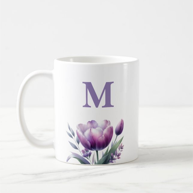 Personlig Elegant lila Tulip Monogram Kaffemugg (Vänster)