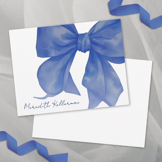 Personlig Elegant Marinblå Bandnamn Anteckningskort (Personalized Elegant Navy Blue Bow Name Note Card)