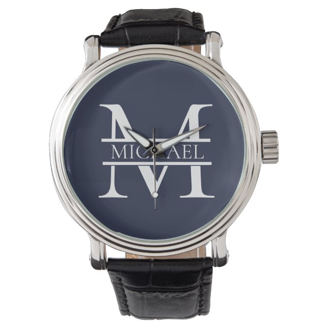 Personlig Elegant, marinblått monogram och Namn Armbandsur (Framsida)