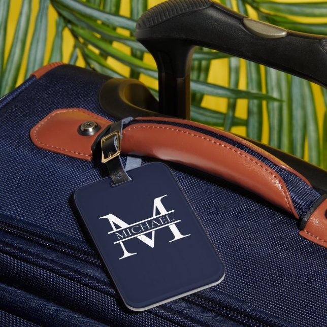Personlig Elegant, marinblått monogram och Namn Bagagebricka (Framsida Insitu 1)