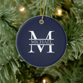 Personlig Elegant, marinblått monogram och Namn Julgransprydnad Keramik