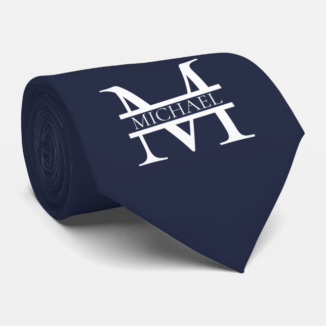 Personlig Elegant, marinblått monogram och Namn Slips (Rullad)