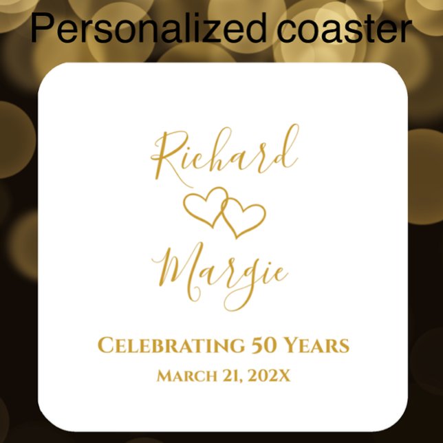 Personlig Elegant Modern femtioårsdag Party Underlägg Papper Kvadrat (Add couple’s names and anniversary date for golden 50th anniversary celebration decor)