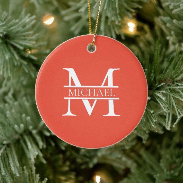 Personlig Elegant Orange Monogram och Namn Julgransprydnad Keramik (Träd)