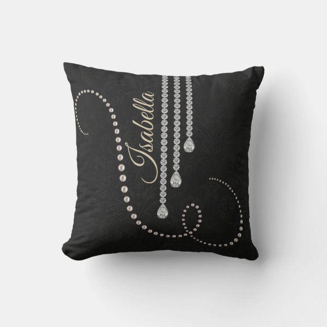 Personlig Elegant Pearl och diamanter på svart N Kudde (Framsida)