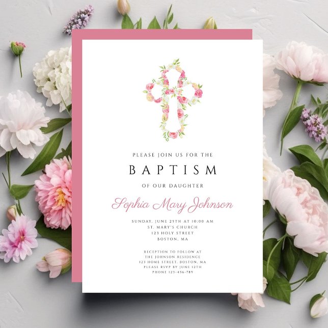 Personlig Elegant Rosa Blommigt  Kor Baptism Inbjudningar (Personalized Elegant Pink Floral Cross Baptism Invitation)