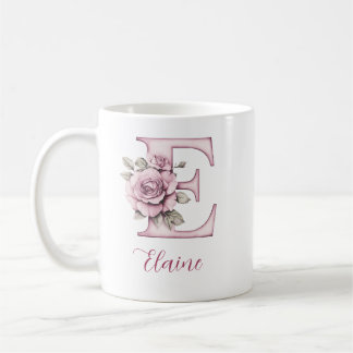 Personlig Elegant Rosa Blommigt Monogram Brev E Kaffemugg