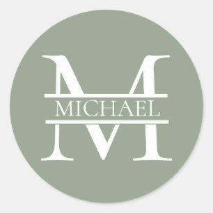 Personlig Elegant Sage Grönt Monogram & Namn Runt Klistermärke