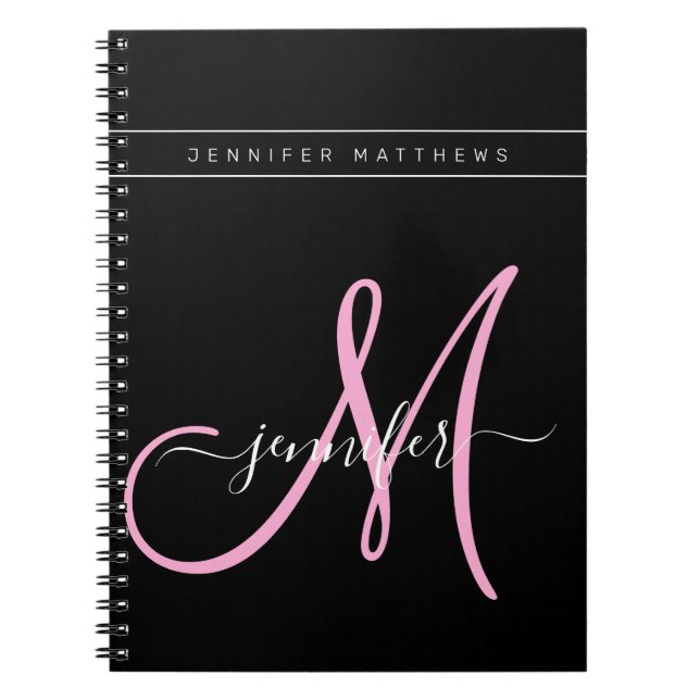 Personlig Elegant Script Black Rosa Monogram Anteckningsbok (Framsidan)