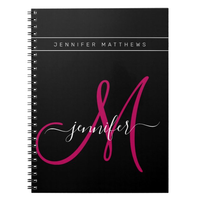 Personlig Elegant Script Rosa Black Monogram Anteckningsbok (Framsidan)