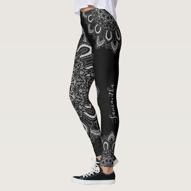 Personlig Elegant Silver Mandala Print Black Leggings (Vänster)