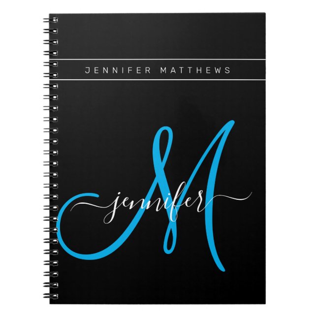 Personlig Elegant Skript Blue Black Monogram Anteckningsbok (Framsidan)