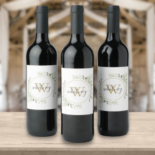 Personlig Elegant Skript Grön Monogram Vinflaska Etikett