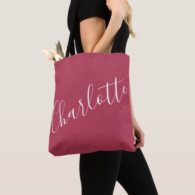 Personlig Elegant Skript Namn Röd Magenta Tygkasse (Närbild)