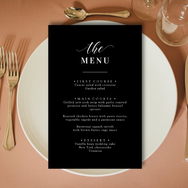 Personlig Elegant Svart och Vit Bröllopsmeny (Elegant black and white wedding menu brings a refined, custom feel to each place setting)