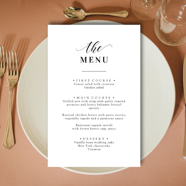 Personlig Elegant Svart och Vit Bröllopsmeny (Personalized elegant black and white wedding menu adds a refined, custom touch to each place setting)