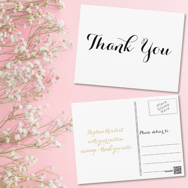 Personlig Elegant Svart Skript Vit Tack Vykort (Personalized Elegant Black Script White Thank You Postcard)