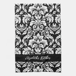Personlig Elegant Svart Vit Damask  Kökshandduk