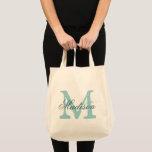 Personlig elegant teal monogram livsmedel tygkasse<br><div class="desc">Personlig elegant teal monogram livsmedel Tote Bag. Klassmallskonstruktion med skripttypografi och vintage initial brev. Anpassningsbarnas arbetsyteobjekt.</div>