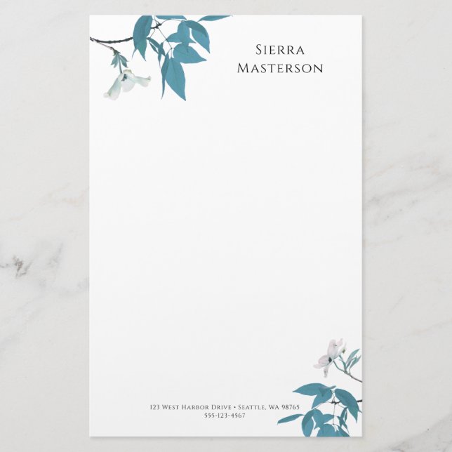 Personlig Elegant Vår Blommar White Teal Brevpapper (Framsida)