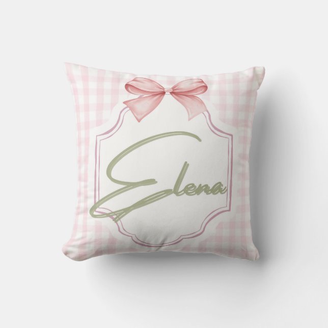 Personlig Elena Flicka Nursery Bow&Gingham Kudde (Framsida)
