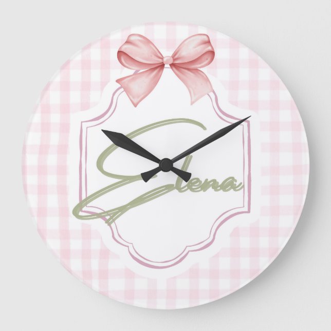 Personlig Elena Flicka Nursery Bow&Gingham Stor Klocka (Framsida)
