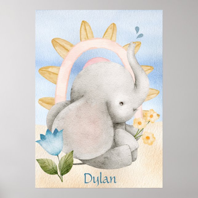 Personlig Elephant, Baby djur, Boho, Rainbow Poster (Framsidan)