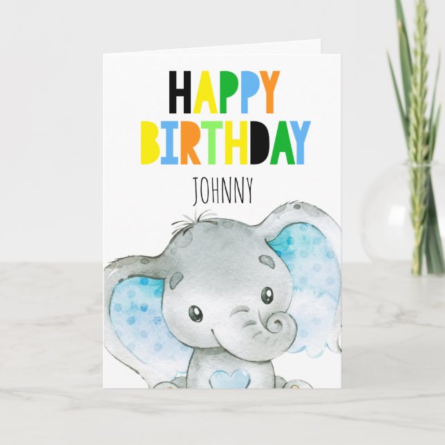 Personlig Elephant Cute Boy Grattis på födelsedage Kort (Framsida)