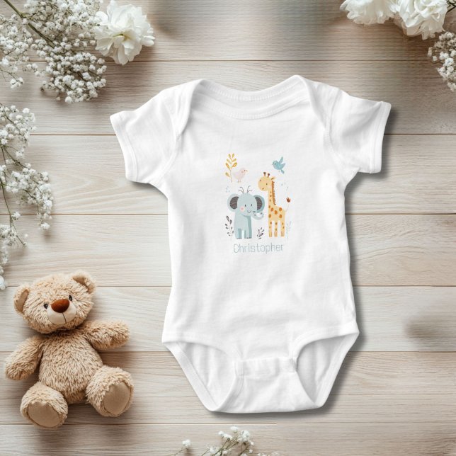Personlig Elephant Giraffe Bird Animals Boy T Shirt (Elephant Giraffe Bird Personalized Baby Body Suit for baby boy. Baby shower gift)