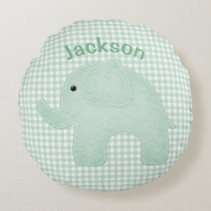 Personlig Elephant Grönt Play Gingham Nursery Rund Kudde