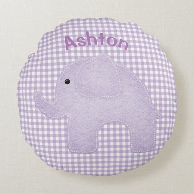 Personlig Elephant Lila Play Gingham Nursery Rund Kudde (Framsidan)