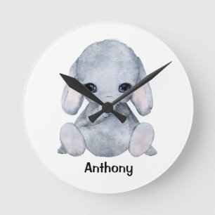 Personlig Elephant Namn Watercolor Modern Rund Klocka