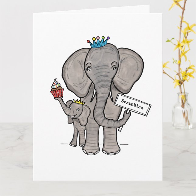 Personlig Elephant och Baby Kort (Gul blomma)