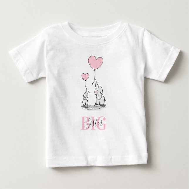 Personlig Elephant Rosa Grått BIG SISTER T Shirt (Framsida)